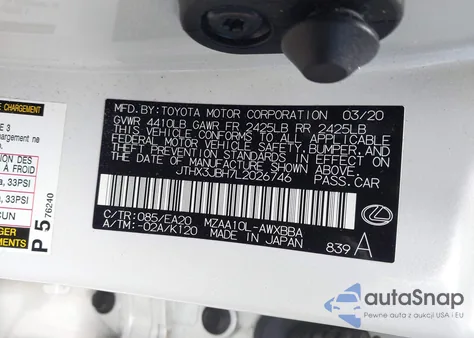 2020 Lexus Ux 200 z USA, uszkodzony, nr VIN JTHX3JBH7L2026746